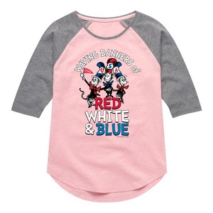Girls' - Dr. Seuss - Cat in the Hat Waving Banners of Red, White and Blue Shirt Tail Raglan Graphic T-shirt - 1 of 4