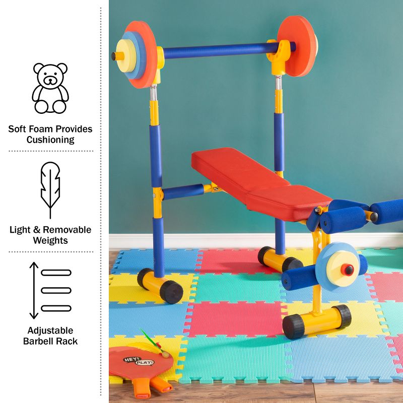 Toy Time Kids' Weight Bench Workout Equipment Set for Beginner Exercise, Weightlifting, and Power lifting with Leg Press and Barbell, 3 of 11