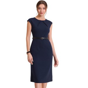 INSPIRE CHIC Women's Elegant Business Round Neck Belted Cap Sleeve Work Sheath Dresses - 1 of 4