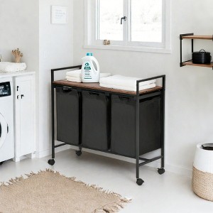 FurnitureR Rolling Laundry Hamper with 3 Removable Bags and Wooden Top Shelf - 32.68'' Wide Vintage Rustic Style Laundry Sorter Basket, Black/Brown - 1 of 4