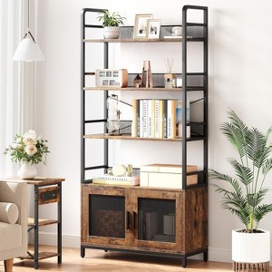 4-Tier Bookshelf with Doors, Bookcase with Open Storage Shelves, 71 Inch Tall Metal and Wood Storage Cabinet for Living Room, Home Office, Brown - 1 of 4