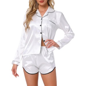 INSPIRE CHIC Women's Satin Long Sleeve Button Down Top and Shorts Silky Pajamas Set - 1 of 4
