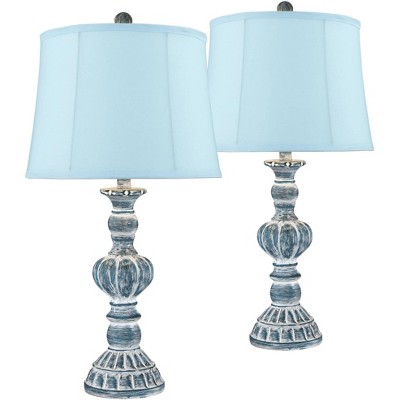 Regency Hill Country Cottage Table Lamps Set of 2 Blue Wash Fabric Softback Drum Shade for Living Room Bedroom House Bedside Home