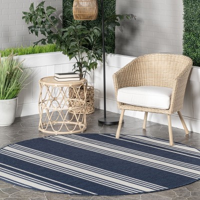 Navy and White Round Synthetic Striped Area Rug, 6' 7"