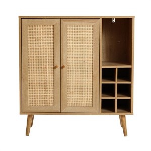 LuxenHome 35" Tall 2-Door Rattan Light Oak Finish Wood Wine and Storage Cabinet Brown - 1 of 4