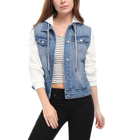 Allegra K Women Layered Drawstring Hood Denim Jacket W Pockets Sky