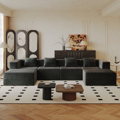 136.22" Corduroy Modular Boneless U-Shaped Sectional Sofa with 2 Ottoman, High-Density Memory Foam, Flexible Configurations, Plush Cushions