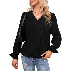 Clearlove Women's V Neck Lace Pom Pom Trim Long Sleeve Blouse Elegant Casual Flowy Tunic Top - 1 of 4