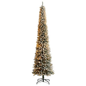 Nearly Natural 10-ft Flocked Pencil Artificial Christmas Tree with 700 Clear Lights and 1145 Bendable Branches - 1 of 4