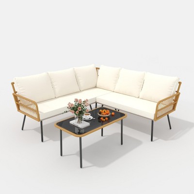 Garvee 4 Piece Wicker Patio Furniture Set, Boho Rattan L-Shaped Sectional with Cushions & Side Table for Apartment, Backyard