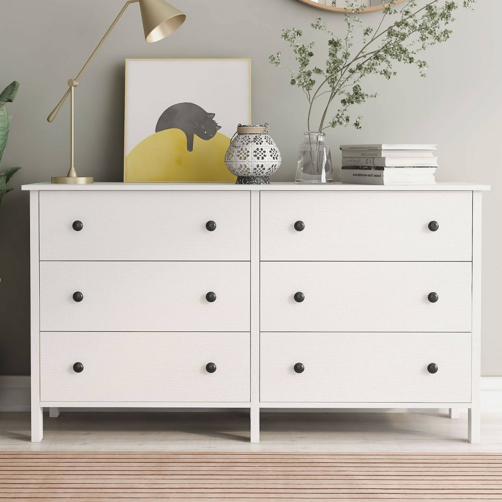 miBasics Cooyal 6 Drawer Dresser White: Transitional Style, MDF & Wood Frame, Metal Glides