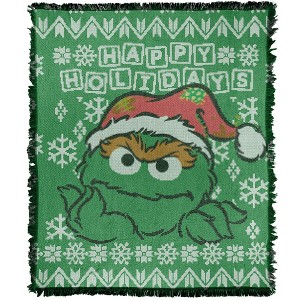 Sesame Street Oscar The Grouch Ugly Christmas Blanket 50"x60" Woven Tapestry - 1 of 4