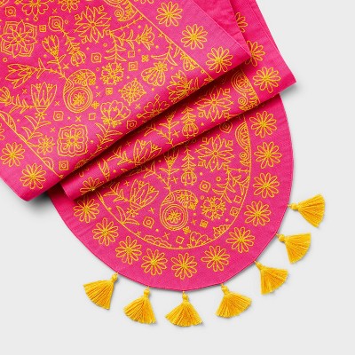 Diwali 72"x14" Table Runner with Tassels Pink/Yellow