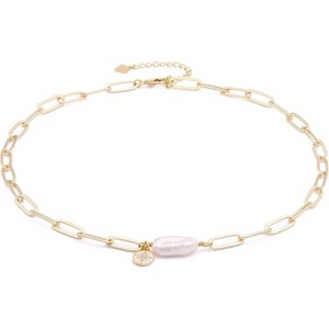 18K Gold Plated Paperclip Choker with Freshwater Cultured Pearl Pendant, Dainty Satellite Chain Necklace - 1 of 4