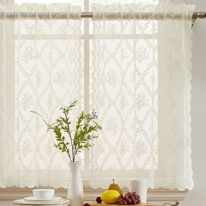 HLC.ME Isabella Floral Rod Pocket Lace Semi Sheer Voile Short Cafe Tiers for Small Windows - 1 of 4