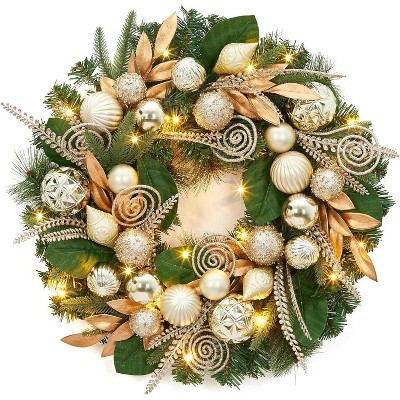 GAOMON Christmas Wreath for Front Door, 24 Inch Large Christmas Wreath with 20 LED Lights, Artificial Xmas Wreath