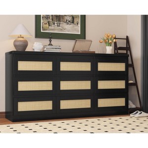 9-Drawer Rattan Dresser with Charging Station - Farmhouse Storage for Bedroom & Living Room - 1 of 4