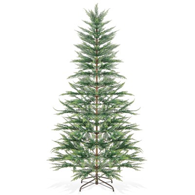 Tangkula 6.5/7.5 FT Artificial Cypress Christmas Tree Pre-lit Hinged Xmas Tree with 430/540 Warm White LED Lights 470/612 Highly Simulated Branch Tips