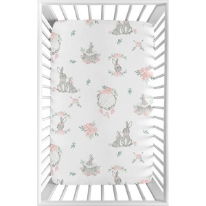 Sweet Jojo Designs Girl Baby Fitted Mini Crib Sheet Bunny Floral Pink and Grey - 1 of 4