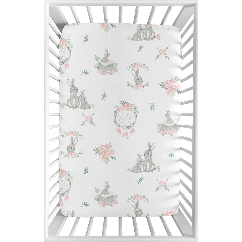 Sweet Jojo Designs Girl Baby Fitted Mini Crib Sheet Bunny Floral Pink and Grey, 1 of 6