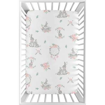 Sweet Jojo Designs Girl Baby Fitted Mini Crib Sheet Bunny Floral Pink and Grey
