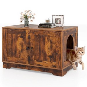 Costway Cat Litter Box Enclosure Furniture with Double Doors Divider Side Entry for Cats Brown/Black/Gray - 1 of 4