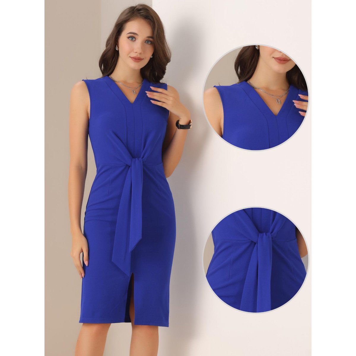 Женские платья INSPIRE CHIC Women's Sleeveless Tie Waist Slit Hem Bodycon Business Outfits Summer Midi Dresses Small Royal Blue — фото 2
