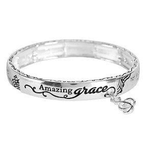 Dicksons Amazing Grace Engraved Music Note Charm Women's One Size Silver Plated Stainless Steel Four-Tile Stretch Bracelet - 1 of 4