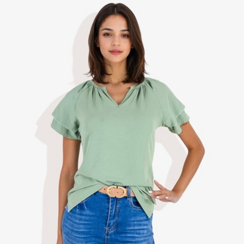 Anna-kaci Women's Short Sleeve V-neck Blouse With Double Layer Ruffle ...