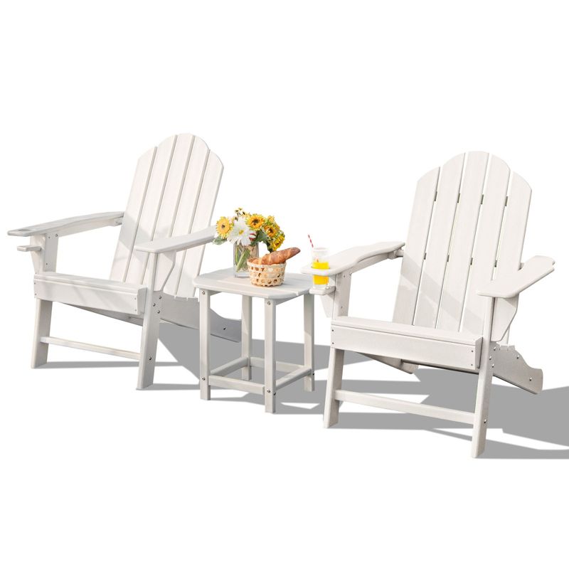 Tangkula Patio 3PCS Adirondack Chair Side Table Set Outdoor Chair Set with End Table Weather Resistant Cup Holder for Backyard Garden White, 1 of 8