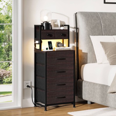 WOWLIVE Tall Nightstand with Charging Station and LED, Bed Side Table with 6 Drawers and 3-Tier Wood Storage Shelves for Bedroom