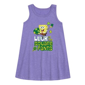 Girls' - SpongeBob Squarepants - Luck Of The Square Pants Graphic Sleeveless Aline Dress - 1 of 4