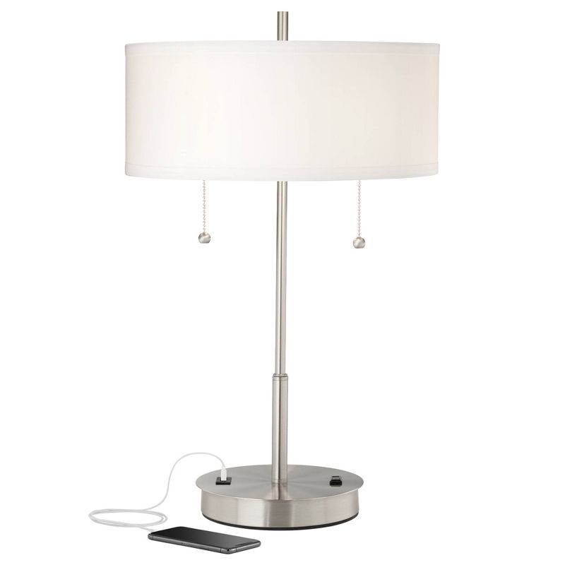 360 Lighting Nikola Modern Accent Table Lamp 23 3/4" High Silver with USB and AC Power Outlet in Base White Drum Shade for Bedroom Living Room Bedside, 1 of 10