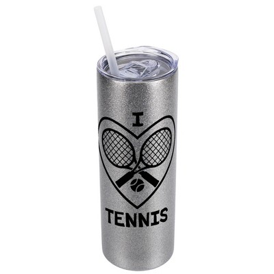 Elanze Designs Silvertone Sparkle 20 Ounce Double Wall Stainless Steel Glitter Travel Tumbler With Sliding Lid And Straw, I Love Tennis