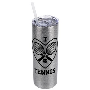 Elanze Designs Silvertone Sparkle 20 Ounce Double Wall Stainless Steel Glitter Travel Tumbler With Sliding Lid And Straw, I Love Tennis - 1 of 4