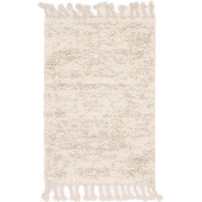 Ivory Geometric Shag Rug with Braided Fringe, 2' x 3'
