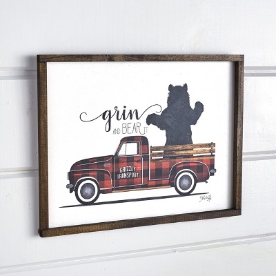 Red Plaid Vintage Truck with Bear Screen Print Wall Art