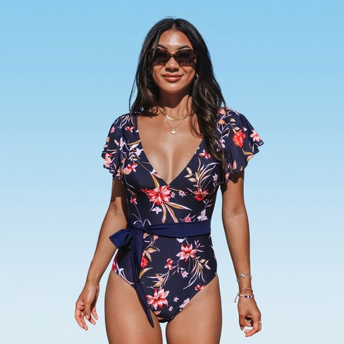 Women's V Neck Ruffle One Piece Swimsuit Tropical Floral Bathing Suit -  Cupshe-M-Black Floral