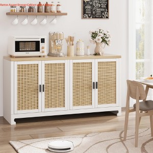 Rattan Accent Storage Cabinet w/ 4 Doors & Shelf Modern Console Coffee Bar Cabinet, White, 61.42" x 15.75" x 31.5"H, For Dining Room/Kitchen - 1 of 4
