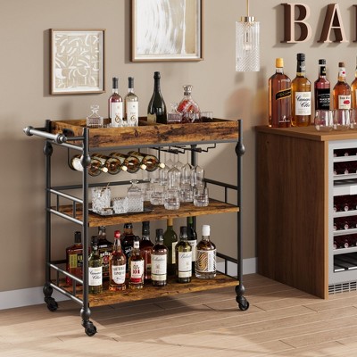 Acekool Bar Cart for Home, 3 Tier Rolling Cart with Removable Tray, Brown Gray Metal Frame, Serving Storage Shelves for Kitchen Dining