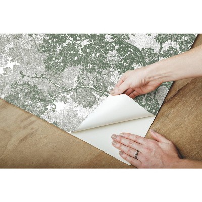 Green and Gray Jungle Toile Peel and Stick Wallpaper Roll
