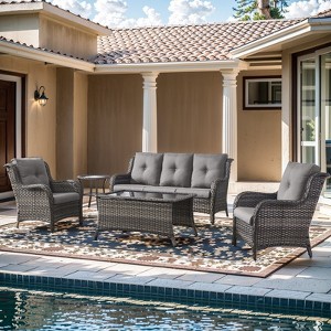 Gymojoy 5 Piece Outdoor Wicker Sofa with Patio Chairs with Coffee Table and Side Table - 1 of 4