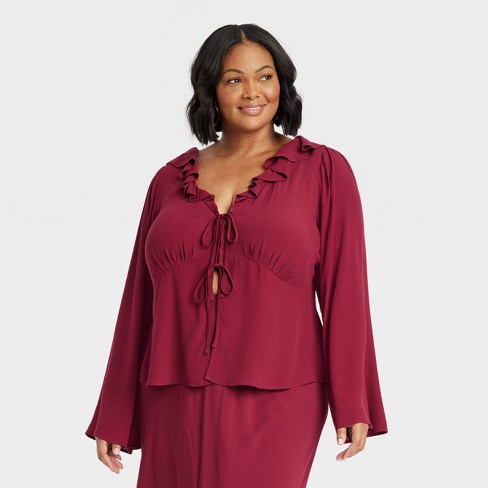 Women s Long Sleeve Tie front Ruffle Top Ava Viv Burgundy Xxl Target