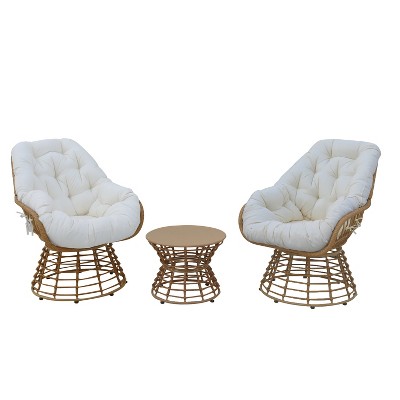 360° Swivel Chairs for Outside Patio Set of 3,PE Wicker Luxury Lounger Chair with Coffe Table,Soft Cushion for Apartment Balcony,Patio,Porch,Yard