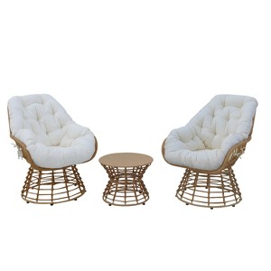 360° Swivel Chairs for Outside Patio Set of 3,PE Wicker Luxury Lounger Chair with Coffe Table,Soft Cushion for Apartment Balcony,Patio,Porch,Yard - 1 of 4
