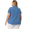 Agnes Orinda Women's Plus Size Denim Roll Sleeve Stand Collar Chambray Button Down Shirts - 4 of 4