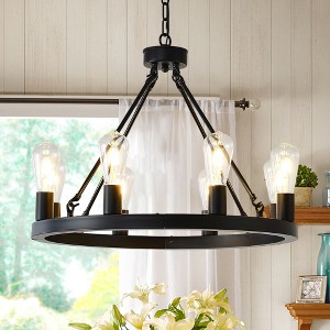 BAOURE 8-Light (No Bulbs) Matte Black Wagon Wheel Chandelier Farmhouse Modern Small Round Chandelier for Living Room Kitchen Island Foyer Hallway - 1 of 4
