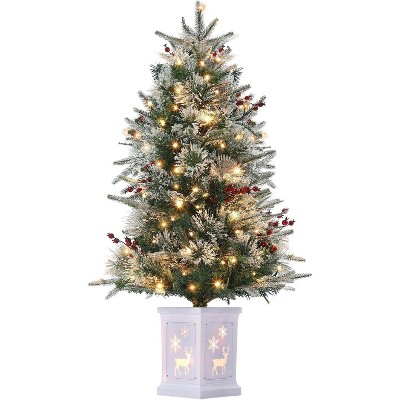 Artificial Christmas Tree Tabletop, Flocked Potted Christmas Tree with Berry Clusters, Battery Operated, for Front Door, Porch