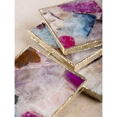 Multicolor Agate Stone Coasters with Gold Edges, Set of 4