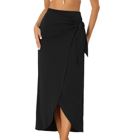 Allegra K Women s Boho High Waisted Long Summer Beach Maxi Wrap Skirts with Slit Black X Large